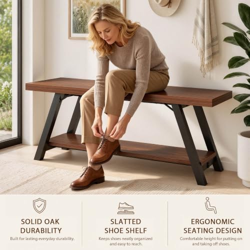 LVB Industrial Entryway Bench with Storage, Wood and Metal Bedroom Bench