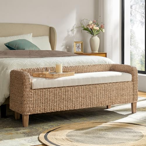 HULALA HOME 57" Rattan Storage Bench, Boho Wicker Bedroom Bench, Natural