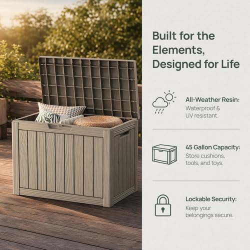 Outdoor Storage Box Resin Deck Box Waterproof Gray Brown 51 Gallon
