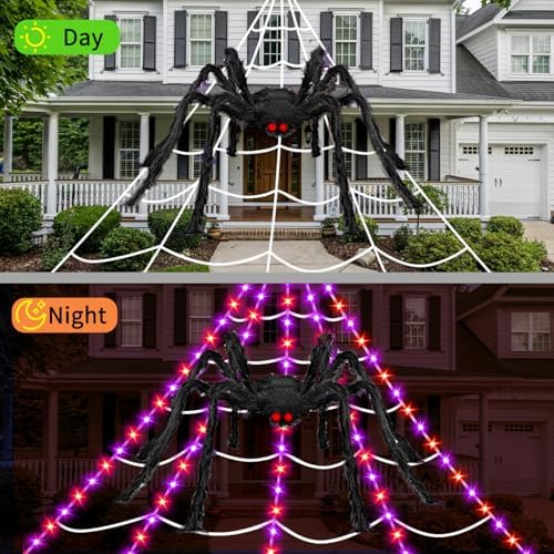 Halloween Decorations Outdoor Spider Web Lights, 23Ft 350 LED Light up Spider Web with 6.6Ft Giant Spider, 8 Modes Waterproof Timer Spiderweb Lights for Garden ＆ Haunted House Decor, Purple + Orange
