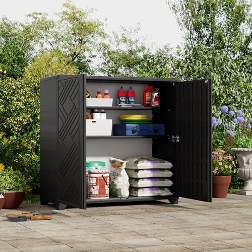 ZZM Indoor/Outdoor Storage Cabinet Waterproof, 34"x15"x34" Plastic Outdoor Storage Box for Garden Balcony Bathroom, All Weather Outdoor Storage Clearance, DIY Usage, with 2 Shelf (Black)