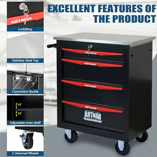 4-Drawer Rolling Tool Chest with Stainless Steel Countertop,Tool Chest with Secure Locking System,Mobile Storage Tool Cabinet with 360°Wheels and Padded Feet,for Home,Garage (Black+Red)