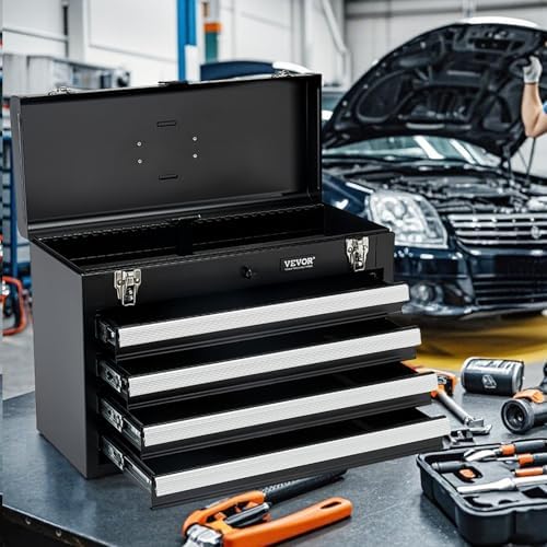 VEVOR Metal Tool Box, 20.5-inch, Portable Metal Tool Box with 4 Drawers, Small Tool Chest with EVA Liners, Ball Bearing Slide Drawers Locking & Powder Coated Finish, Multi-Function Tool Organizer