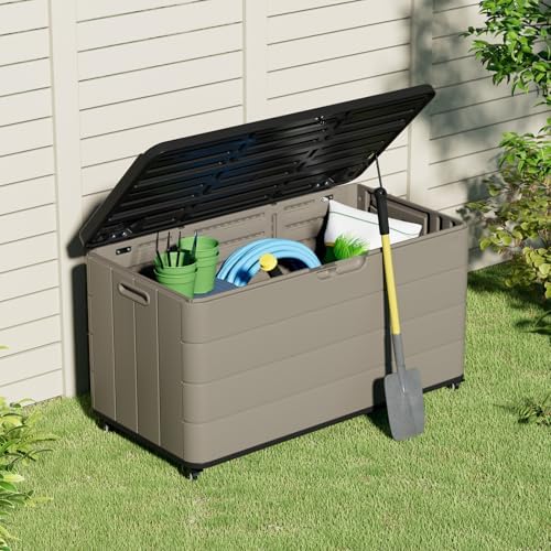 ZZM 110 Gallon Outdoor Deck Box with Wheels, Waterproof Resin Storage Cabinet for Patio Cushion and Tools, Lockable Storage Box, Coffee