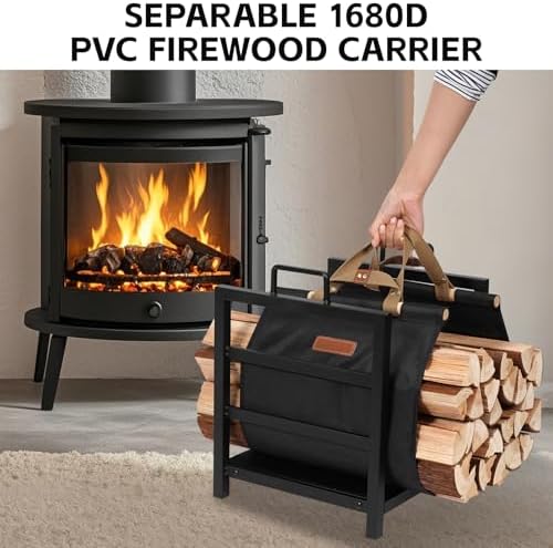 Firewood Rack Indoor Outdoor with Firewood Carrier, Fireplace Wood Log Holder Heavy Duty Metal, Indooor Firewood Holder for Fireplace Wood Storage, 16 inch, Black