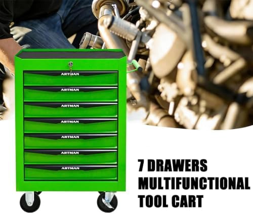 Heavy Duty 7-Drawer Rolling Tool Chest, Key Lock Tool Storage Cabinet with Lockable Casters & Drawer Liners, Mobile Tool Organizer Cart for Garage Workshop Warehouse Repair Shop (Green)