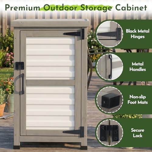 Small Outdoor Storage Cabinet with Waterproof Metal Top, White Wood & Plastic Potting Bench Table with Removable Shelf, Outside Cabinets Work Station for Patio, Balcony,17.9''x17.9''x33.5''