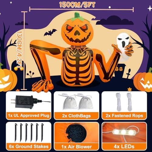 Halloween Inflatable Pumpkin Skeleton, 5FT Outdoor Halloween Decorations