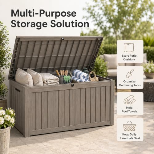 Outdoor Storage Box Resin Deck Box Waterproof Gray Brown 155 Gallon