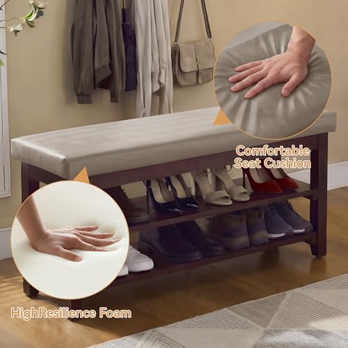 40" Wooden Shoe Rack with Seating, Entryway Bench with Shoe Storage, Grey