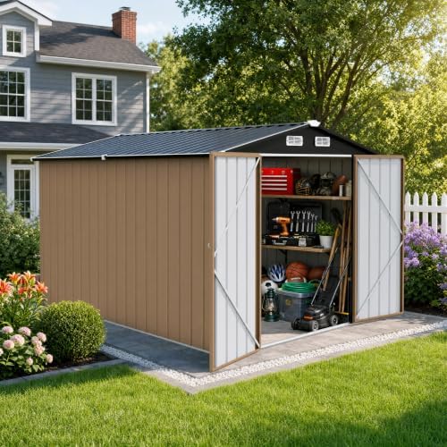 LAUSAINT HOME 8 x 10 FT Outdoor Storage Shed, Heavy Duty Galvanized Steel Storage Shed with Double Lockable Doors, Gable Roof & Air Vent for Backyard & Patio, Brown