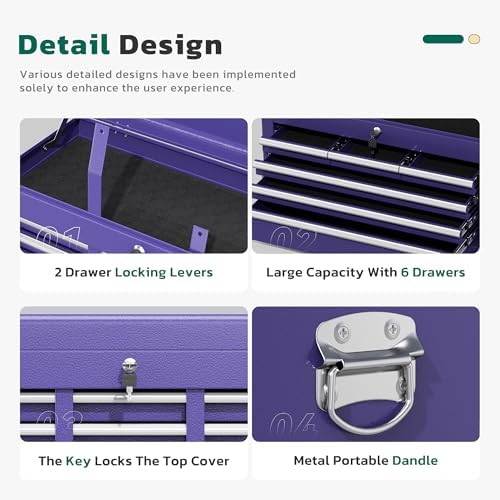 Greenvelly 8-Drawer Tool Chest with Wheels, Pre-Assembled Rolling Tool Chest, Detachable Top Tool Box, Lockable Design, Comes with Drawer Liners & Side Hooks for Garage Workshop Repair Room (Purple)