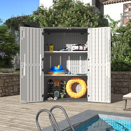 Aoxun 64 Cu.Ft Resin Outdoor Storage Shed with 2 Shelves & Floor, White