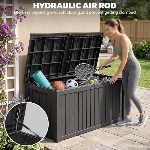 300 Gallon Resin Deck Box Waterproof Outdoor Storage Box for Patio Furniture Pool Accessories Indoor Storage for Cushion Garden Tools, Black