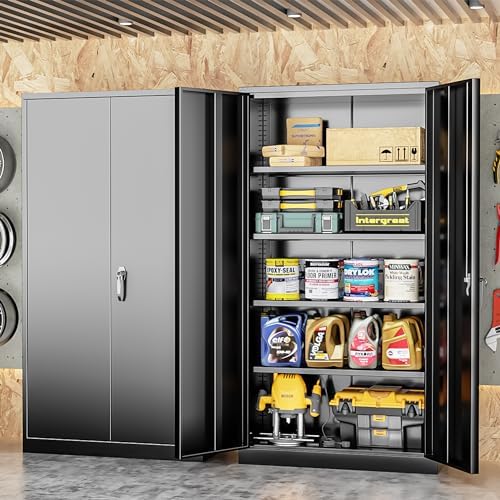 Bonusall Metal Tool Garage Cabinets with 2 Door and 4 Shelves, Locking Cabinet for Garage Storage,Tall Garage Storage Cabinets for Home Office, Warehouse,School(Black)