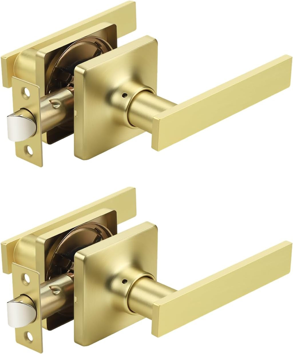 Mengico 2 Pack Passage Door Levers Gold Finish, No-Locking Keyless Square Door