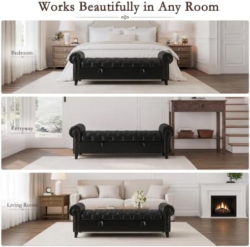 67 Inch Faux Leather Storage Bench with Rolled Arms, Chesterfield Tufted Ottoman Bench with Nailhead Trim, Upholstered End of Bed Bench for Bedroom, Entryway and Living Room, Black