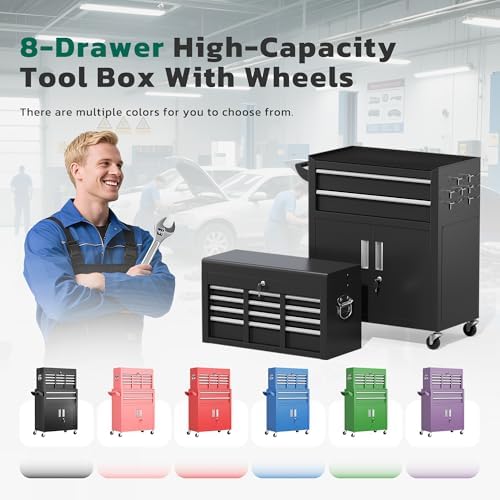 Greenvelly 8-Drawer Tool Chest with Wheels, Pre-Assembled Rolling Tool Chest, Detachable Top Tool Box, Lockable Design, Comes with Drawer Liners & Side Hooks for Garage Workshop Repair Room (Black)