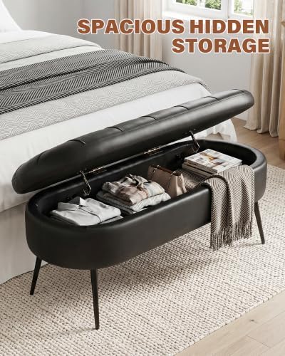 Storage Ottoman Bench, 43.7" PU Leather End of Bed Bench Black