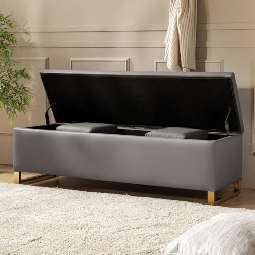 60" Leather Storage Bench with Throw Ottomans, Large Modern Flip Top End of Bed Benches King Size, Upholstered Footrest Stool with Gold Legs for Living, Bedroom, Entryway and Hallway, Grey