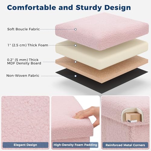 Folding Storage Ottoman Bench, 15 Inch Boucle Small Ottoman Foot Rest for Couch, End of Bed Bench with 397 lb Capacity, Storage Chest for Living Room, Bedroom, Entryway Pink