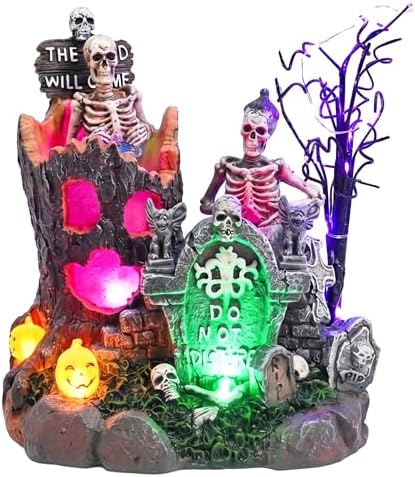Valery Madelyn Halloween Decorations, Lighted Halloween Village with Music and LED Lights, Resin Spooky Tree and Skeleton Gravestones Scene Haunted House for Home and Party Table Desk Mantel, 8 Inch