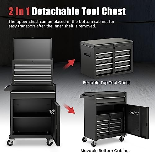 DREAMADE 5-Drawer Tool Chest Combo, Rolling Tool Cabinet w/Detachable Top Tool Box, Adjustable Shelves, Lockable Wheels, Metal Tool Box for Garage, Workshop, Repair Shop Storage (Black)