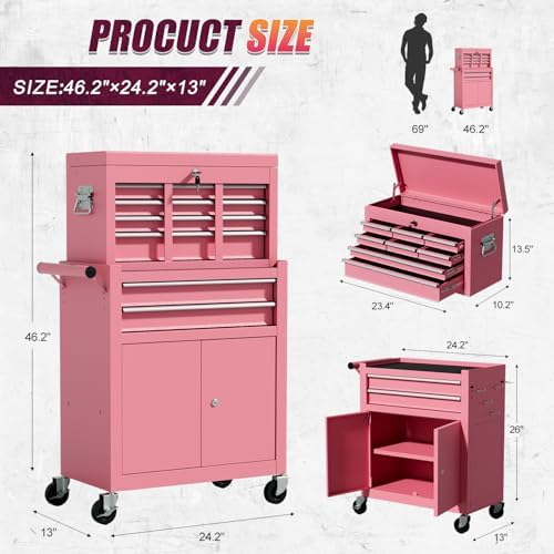 10-Drawer Rolling Tool Chest with wheels, Lockable 2-in-1 Tool Box