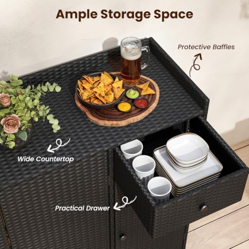 Tangkula Rattan Outdoor Storage Cabinet with 2 Adjustable Shelves