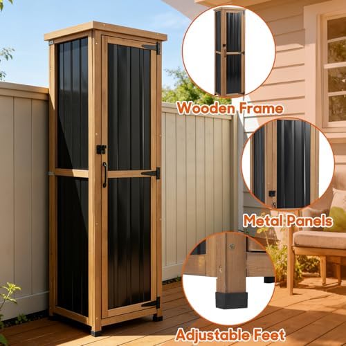 Outdoor Storage Cabinet, Wood & Metal Storage Shed with Weatherproof Roof, 3 Removable Shelves, Lockable Door, Adjustable Feet, Outside Storage Cabinet for Garage, Patio, Backyard