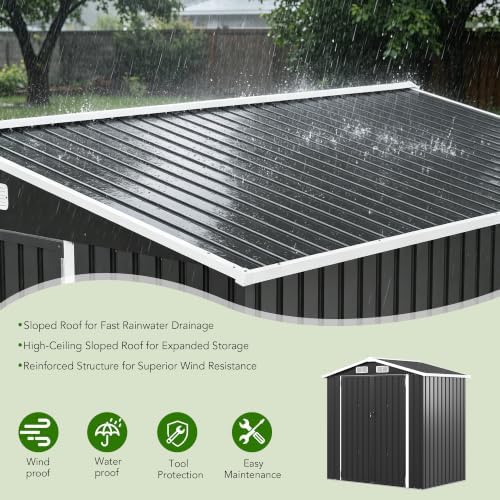MXV 6x4 FT Outdoor Metal Storage Shed, Lockable Galvanized Steel Tool House with Sloped Roof, Waterproof Shed for Backyard, Garden, Patio, Black