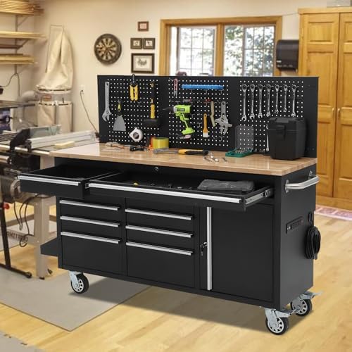 IDEALHOUSE 61-inch Rolling Tool Chest, 10 Drawers Garage Workbench Storage Tool Cabinet with Power Strip, Solid Rubber Wood Top, 1675 LBS Load Mobile Workstation, Heavy Duty Rolling Cabinet, Black