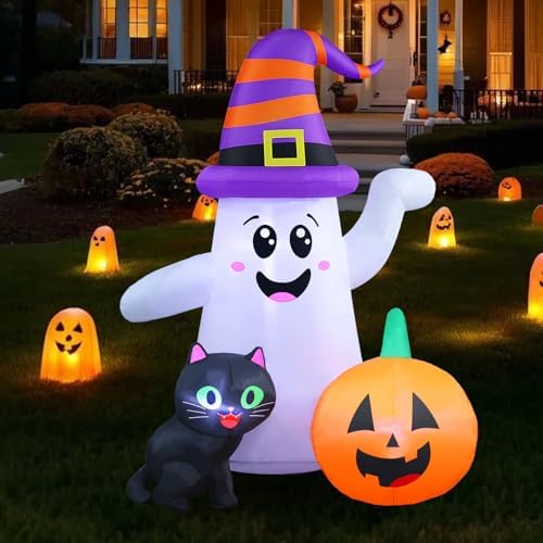 5FT Cute Halloween Inflatables Ghost, Blow Up Wizard Ghost with Pumpkin Black Cat for Garden Lawn Indoor Party Decor, Halloween Decorations Outdoor Inflatables