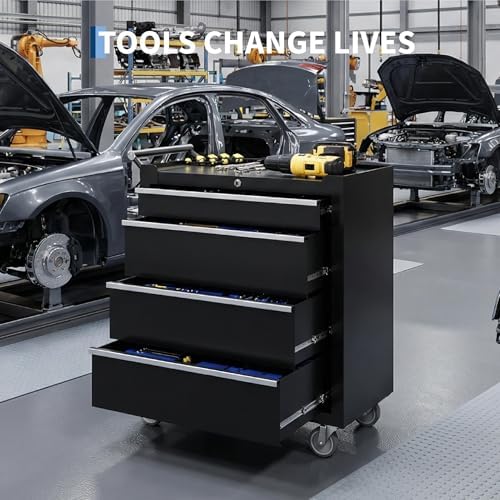 Rolling Tool Chest, 4-Drawer Tool Storage Cabinet, Tool Box with Wheels, Lock System and Drawer Liners, Tool Cart for Warehouse, Workshop and Repair Shop, Black