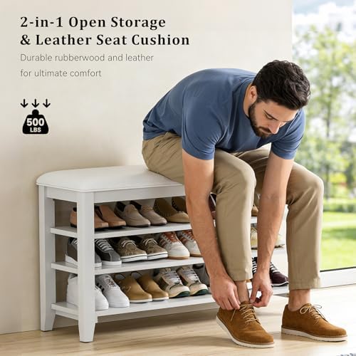 Taitiy Shoe Bench with 3 Tier Adjustable Shelves Rubberwood Entryway 39.4''