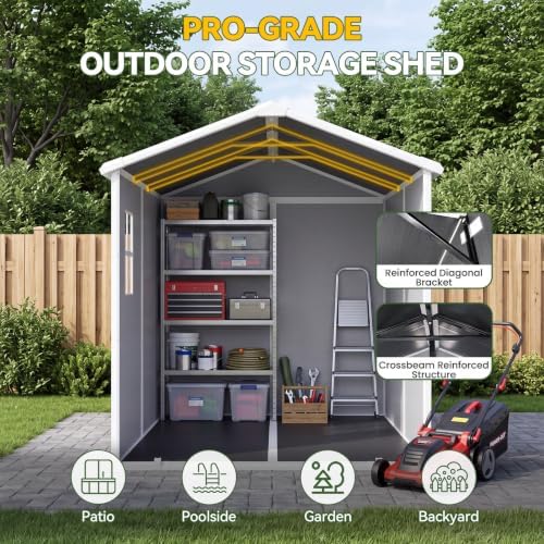 Aoxun 6x8 FT Outdoor Storage Shed, Outdoor Resin Shed with Floor, Gray