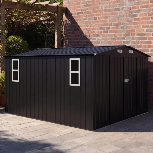 LAUSAINT HOME 10 x 12 FT Outdoor Storage Shed with Windows, Heavy Duty Galvanized Steel Storage Shed with Double Lockable Doors, Gable Roof & Air Vent for Backyard, Black