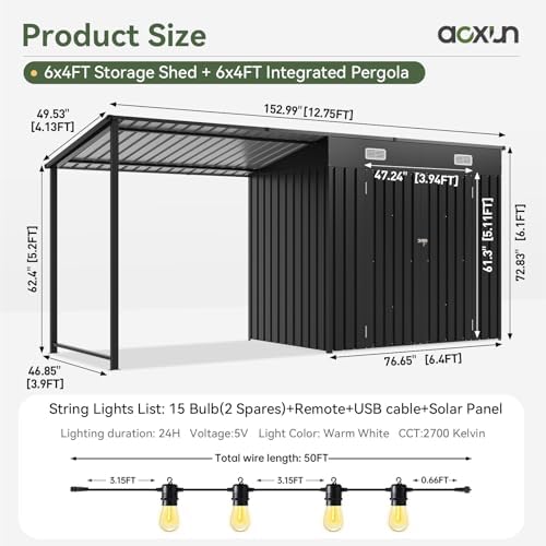 Aoxun 6x4FT Outdoor Storage Shed & Hardtop Gazebo with Solar String Lights