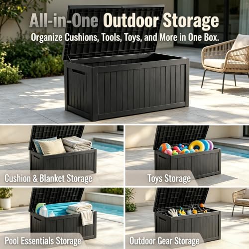 MAKINO 198 Gallon Large Resin Outdoor Storage Box, Waterproof Deck Box, Lockable Deck Container with Reinforced Support, Outdoor Chest for Patio Accessories, Outdoor Cushions, Garden Tools, Black