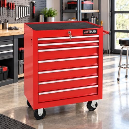 7 Drawers Rolling Tool Cart on Wheels, Multifunctional Organizer Tool Chest Tool Case, Trolley Tool Storage Tool Box for Workshop,Garage,Repair Shop (7 Drawers 24.2" W×12.9" D×30.51" H-Red)