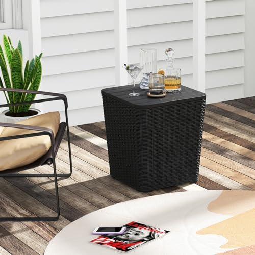 GIANTEX 11.5 Gallon Deck Box, Outdoor Side Table with Removable Lid, Faux Wicker-Woven, 330Lbs Capacity, Outside Waterproof Storage Box, Resin Rattan Small Coffee Table for Patio Poolside (Black)