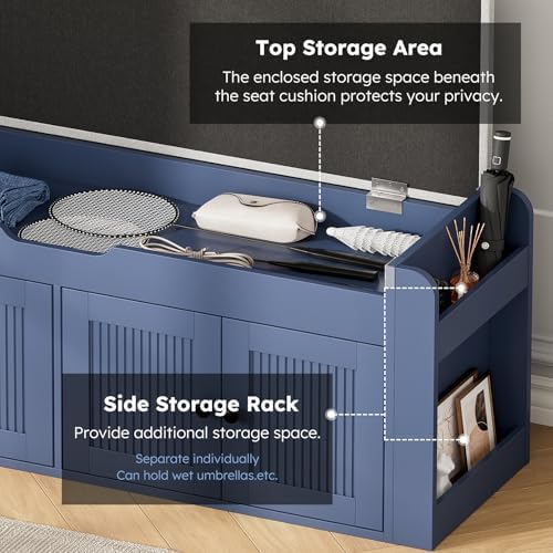 47.2" Storage Bench - Entryway Shoe Bench with Side Storage Shelves and 4 Doors, Multifunctional Entryway Bench with Lift Top Cushion, Shoe Storage Bench for Bedroom, Living Room, Navy Blue