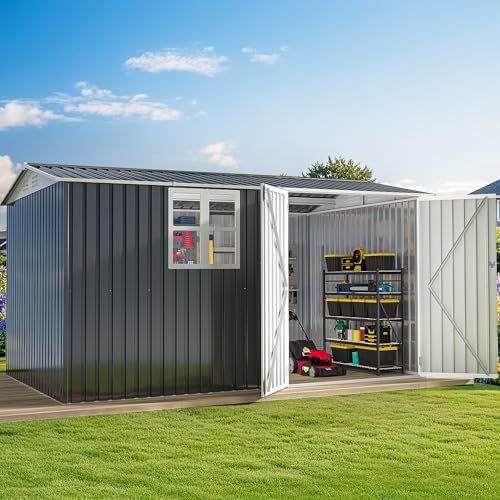 DWVO 12x8 FT Outdoor Storage Shed, Metal w/Lock & Window - Gray/White