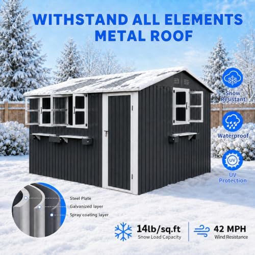 12x10 FT Outdoor Storage Shed with 3 Clear Windows, Metal Garden Shed with Flower Rack & Basket, Outside Tool Shed with Lockable Single Door, Waterproof Storage Building for Backyard, Coal Gray