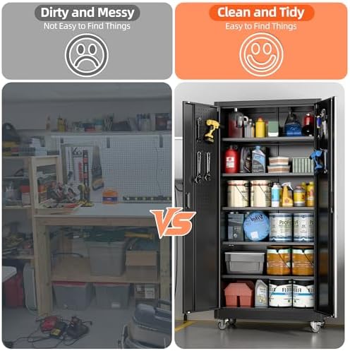 Metal Garage Storage Cabinet with Wheels and Pegboard Doors