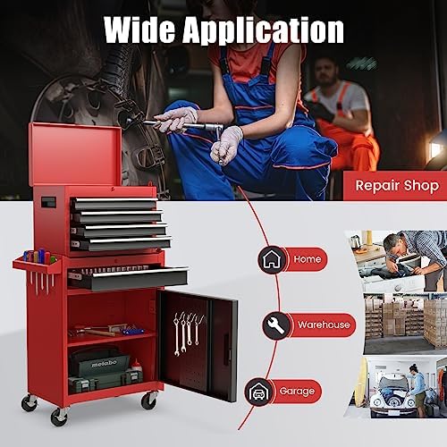 TANGZON Rolling Tool Chest Combo, Heavy Duty Lockable Tool Cabinet with Wheels, 5 Drawers, Adjustable Shelf, Hooks & Side Handle, 2-In-1 Detachable Tool Cart Trolley for Workshop Garage (Black+Red)