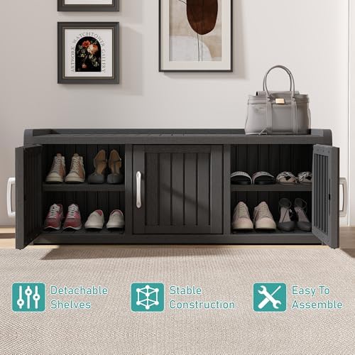 NUNU LAB Shoe Storage Cabinet, Waterproof Shoe Organizer with Adjustable Shelves, UV-Resistant Entryway Shoe Cabinet Bench with 3 Barn Doors for Indoor Outdoor, Foyer, Hallway, Living Room,Black