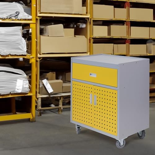 Metal Storage Cabinet with Wheels 30" x 18" x 34" Mobile Metal Garage Cabinet with 1 Drawer & 2 Doors Small Rolling Tool Storage Cabinet with 1 Adjustable Shelf & 4 Hanging Hooks, Yellow & Gray