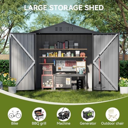 COMHOMA Shed Outdoor Storage Shed Metal,Lockable Doors Tool Sheds with Sloping Roof,Steel Garden Shed with Air Vent for Backyard,Patio,Lawn,Poolside(Grey,8'x6')