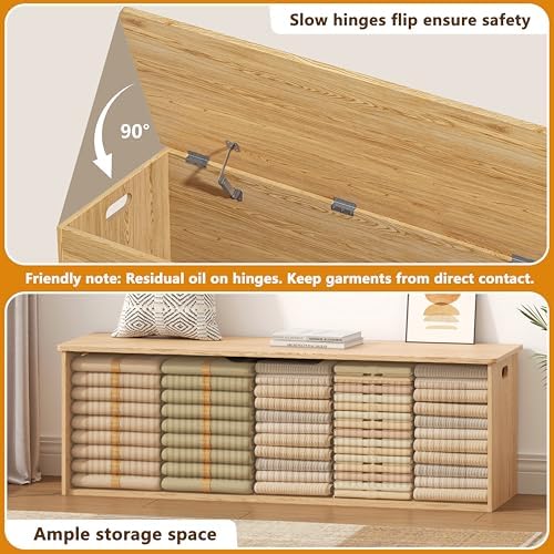 Akxomel 51.2" Fluted Storage Chest Wooden Storage Trunk 2 Safety Hinges Oak